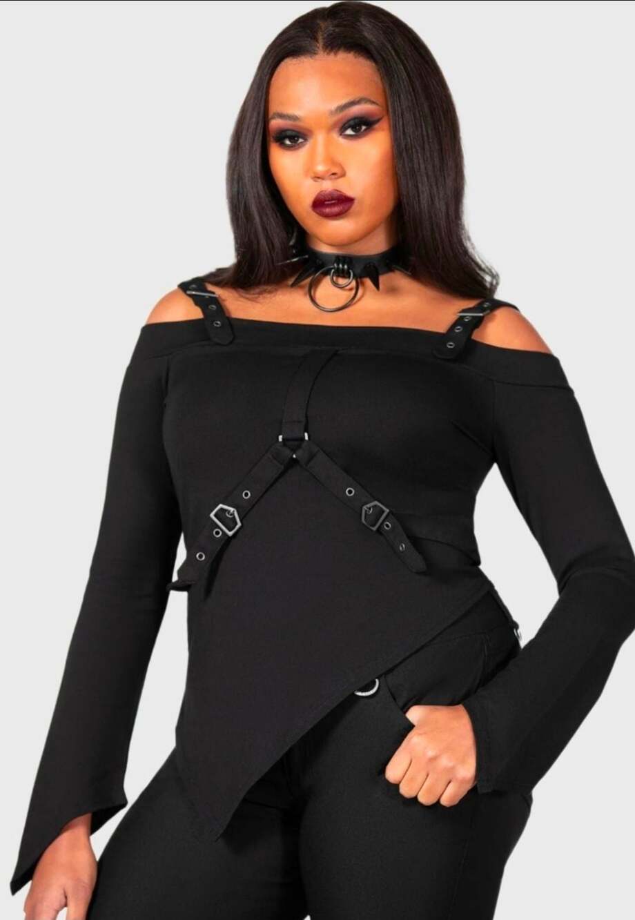 Killstar Cell of Anarchy Long Sleeve Cold Shoulder Bondage Top